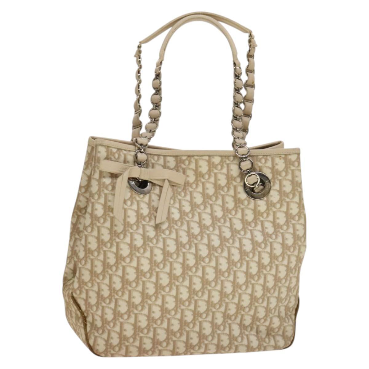 Christian Dior Trotter Canvas Romantic Chain Bag Pvc Beige Silver Auth 132755